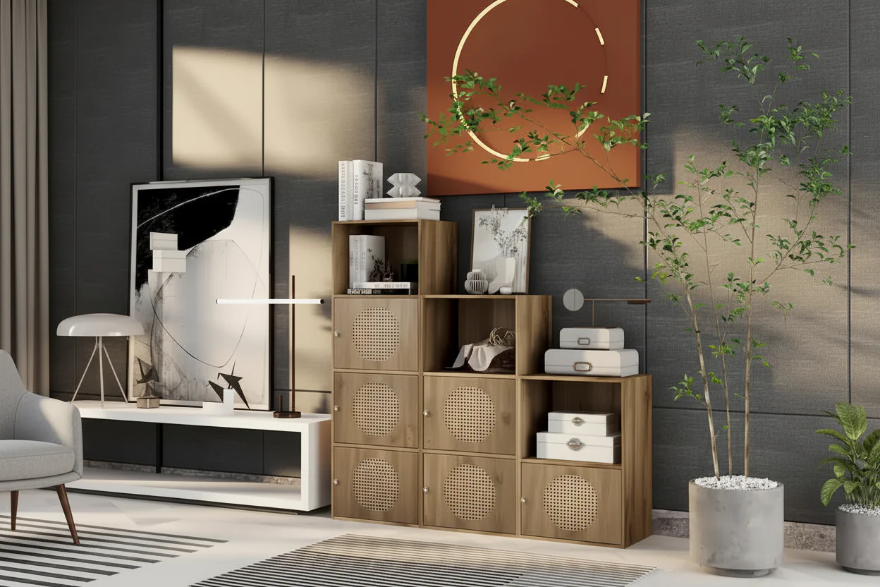 Natural Boho 2-Section Storage Cabinet with Rattan Door, 1-Person