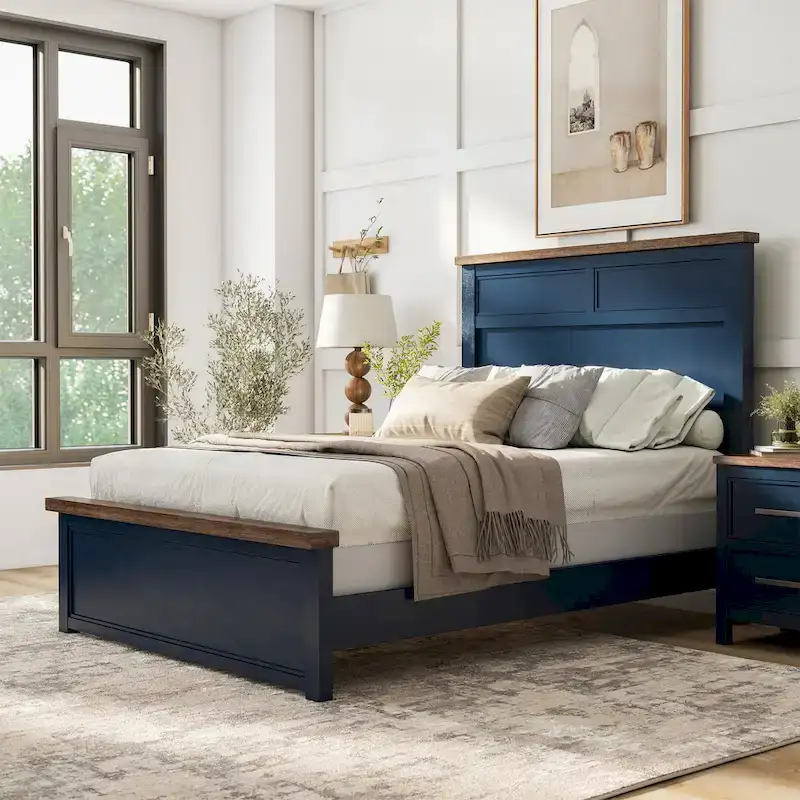 Modern Farmhouse Pinewood Panel Bed, Solid Wood Frame, Rustic Style, Bedroom Furniture