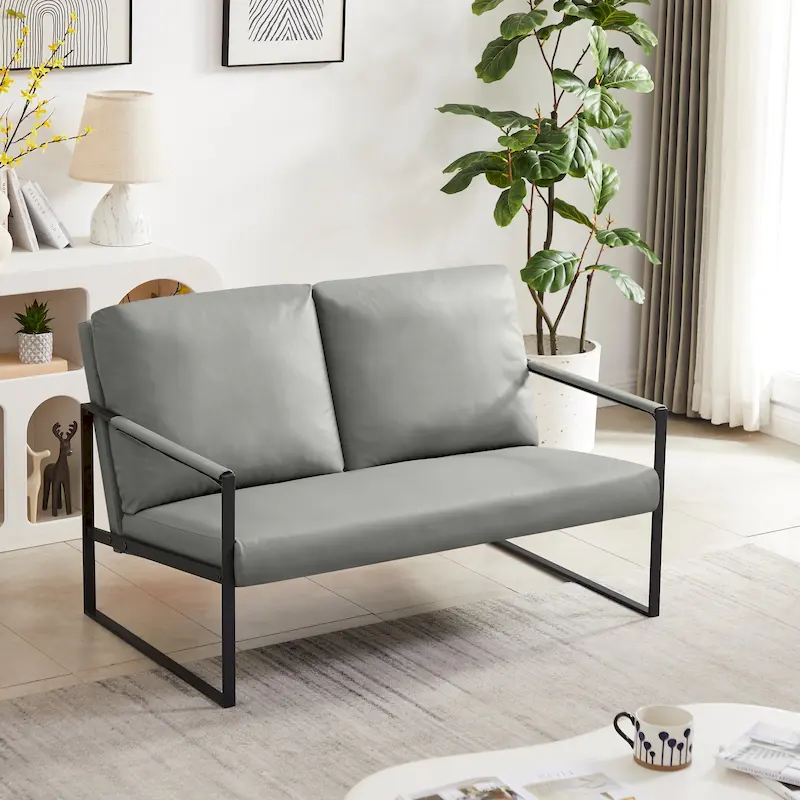 PU Leather Accent Armchair with Padded Backrest – Grey / Light Brown / Orange, Seats 1