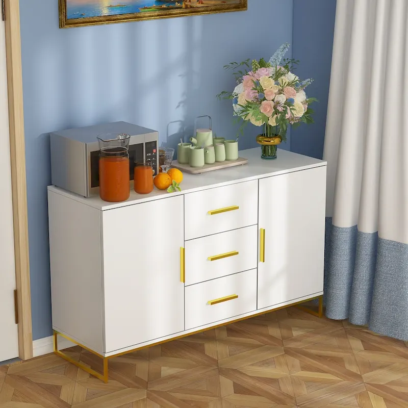 Modern Industrial Sideboard Buffet Storage Cabinet with Drawers, Distressed White