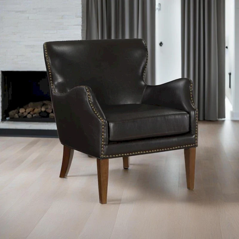 Brown Faux Leather Wingback Accent Chair, Slope Arm, Single Seat