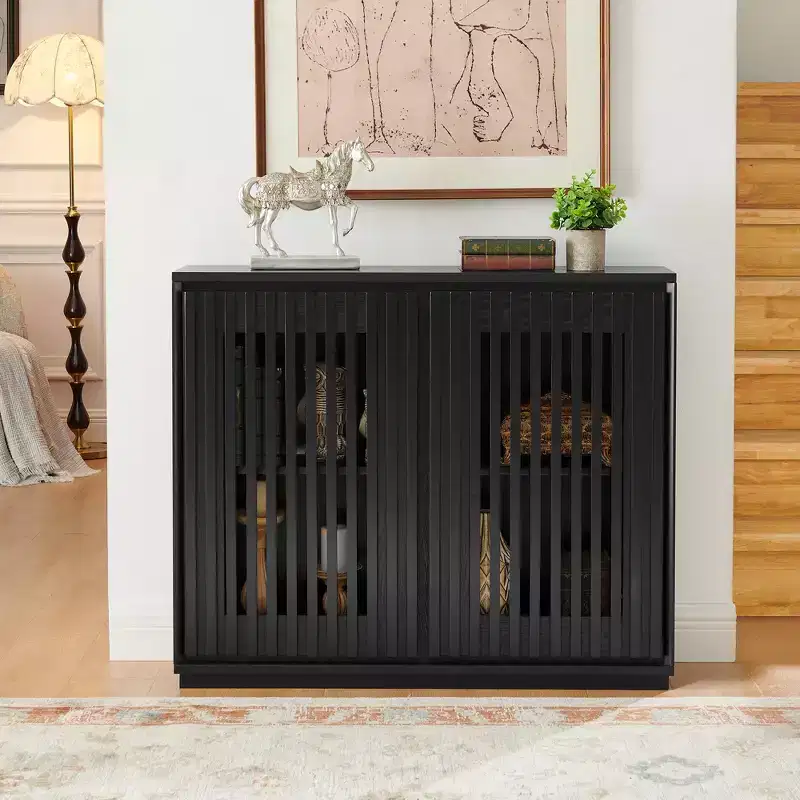 Mid Century Modern Fluted Hollowed Out Sideboard Cabinet with 2 Outlet Holes for Entryway Hallway Black