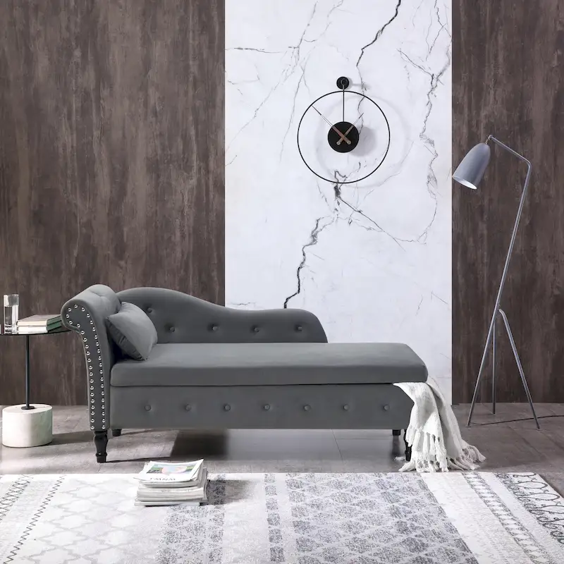 Grey Modern 60  Velvet Upholstered Buttons Tufted Chaise Lounge Chair with Solid Wood Legs and Storage