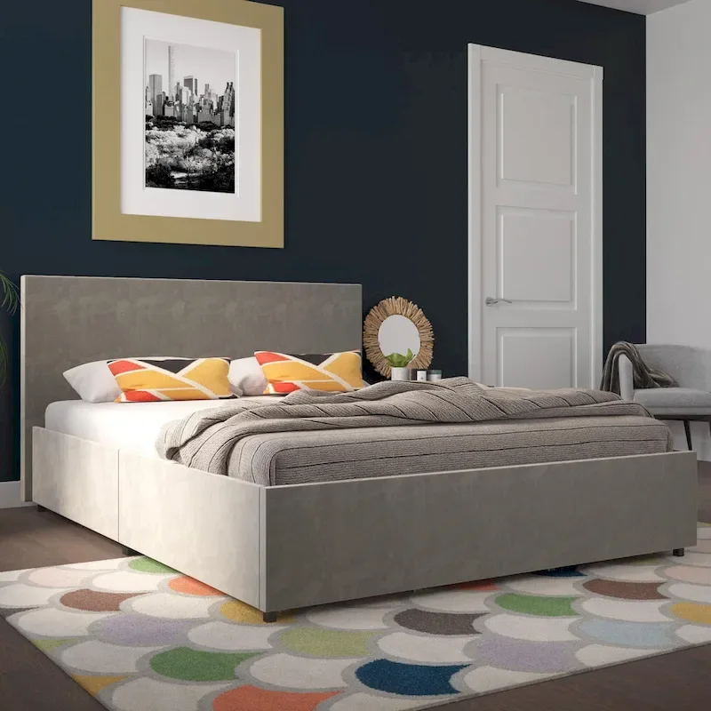 Velvet Upholstered Platform Bed with 4 Locking Storage Drawers – No Box Spring