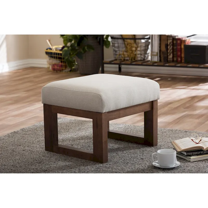 Mid-Century Modern Upholstered Ottoman Stool | Light Beige Fabric | Solid Wood Legs