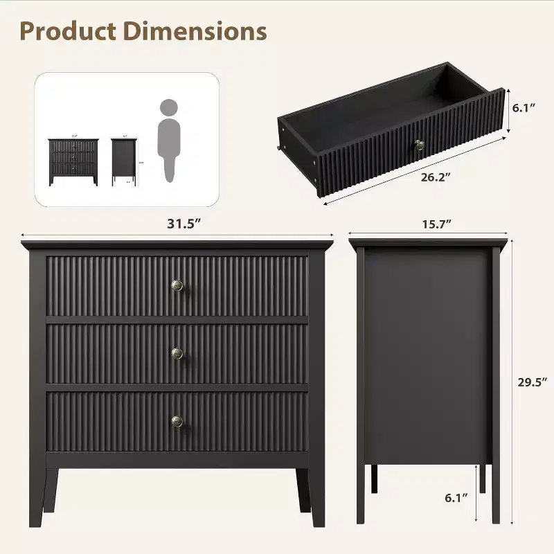Acekool Black Fluted 3 Drawer Dresser, Modern Vertical Texture Chest, Metal Handles, for Bedroom, Living Room, Entryway