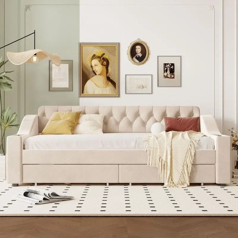 Upholstered Daybed with 2 Storage Drawers, Twin Size Daybed Frame with Storage Armrests and USB Port, Sofa Bed Frame for Bedroom