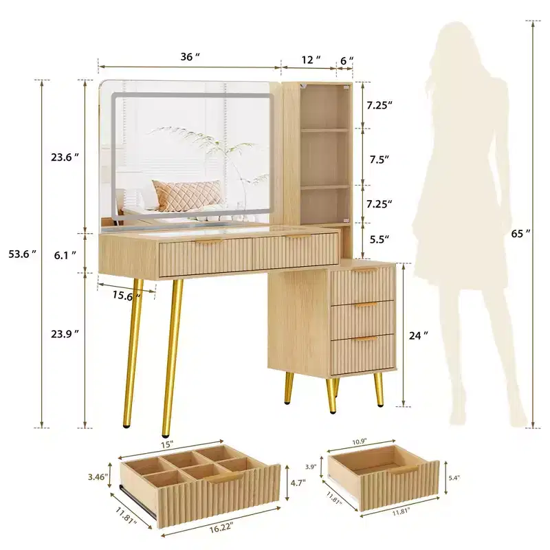 Recessed vanity with mirror  5 drawers, glass countertop, cabinet doors, adjustable shelves, wooden legs, and ample storage space.