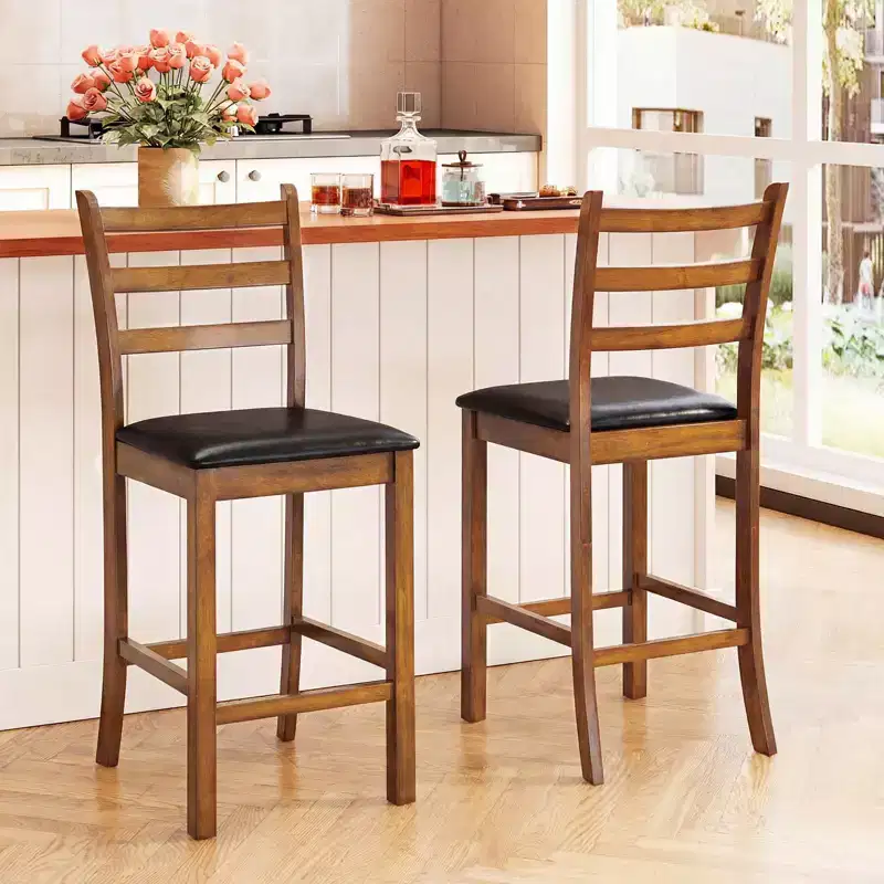 Costway 24 Rubber Wood Ladder Back Bar Stools Set of 2/4 with Upholstered Cushioned Seats Walnut and Black