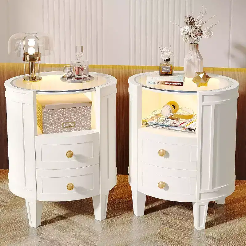 Lantine Set of 2 Modern Ivory White Nightstands with LED Glass Tabletop, 2 Drawers, No Assembly Required, Oval Bedroom Bedside Tables