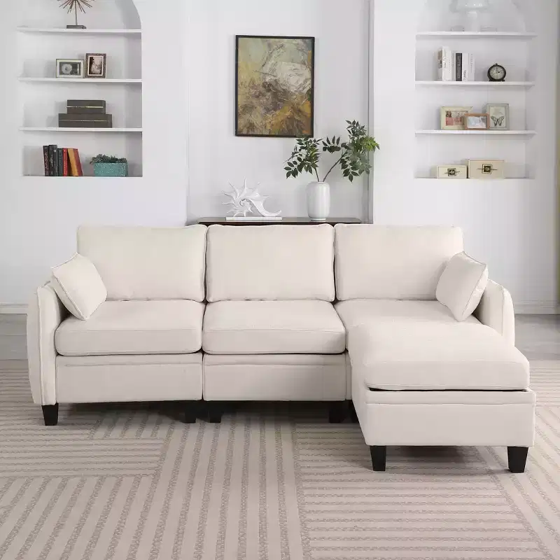 85-Inch Contemporary Chenille L-Shaped Sectional Sofa with Storage Ottoman, 4-Piece Set