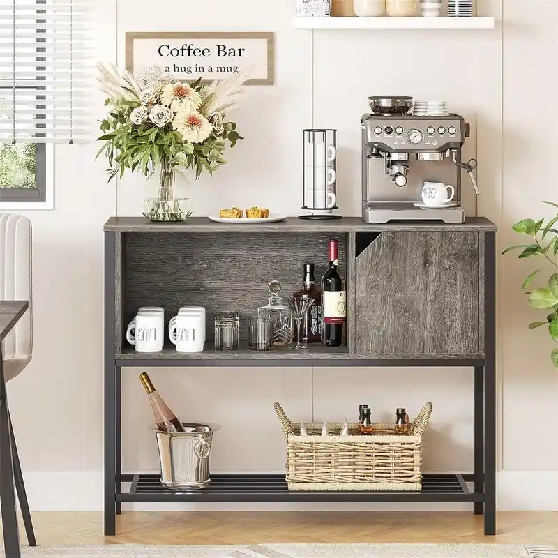 Buffet Cabinet with Open Shelf & Enclosed Storage – Rustic Brown / Grey, Metal Frame, Cable Holes