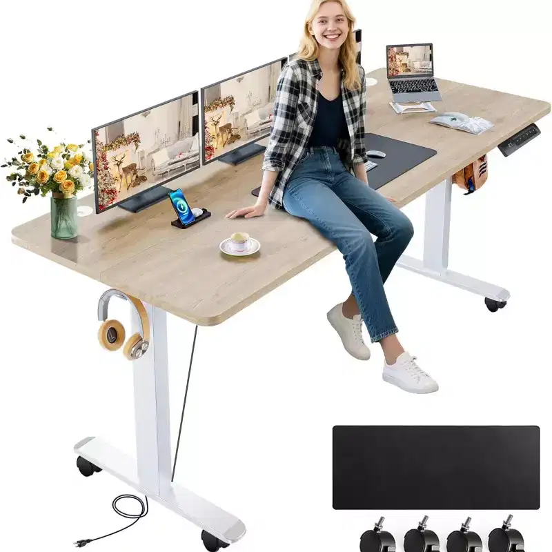 HOMDOX Elec-Standing Computer Desk Adjustable Height 63  24 Desk with outlet Rolling Wheels Dual-Beam Frame Mouse Pad Spliced Desktop Multifutnl
